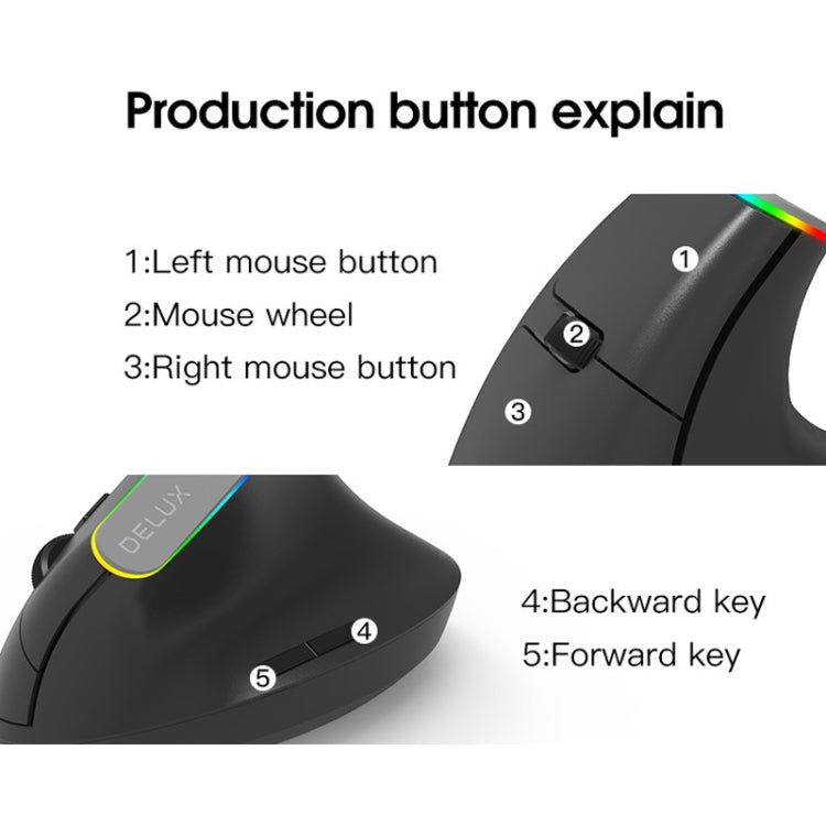 Souris verticale sans fil double mode Bluetooth DELUX M618C 6 boutons 1600 DPI RVB, M618C (blanc), M618C (noir)
