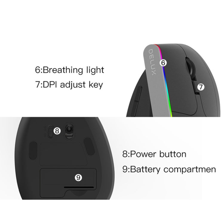 Souris verticale sans fil double mode Bluetooth DELUX M618C 6 boutons 1600 DPI RVB, M618C (blanc), M618C (noir)