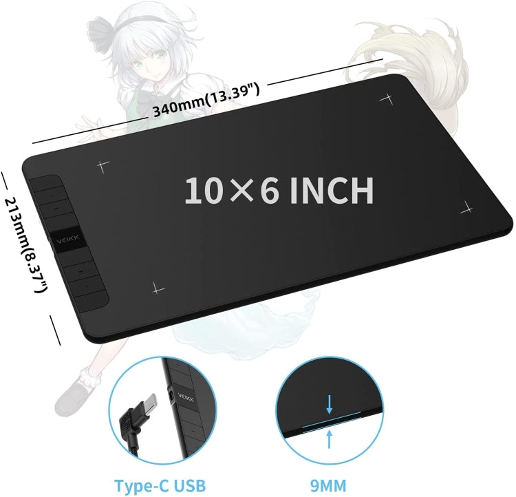 VEIKK VK1060 Tablette graphique pour peinture numérique pouvant être connectée à un téléphone portable, VK1060