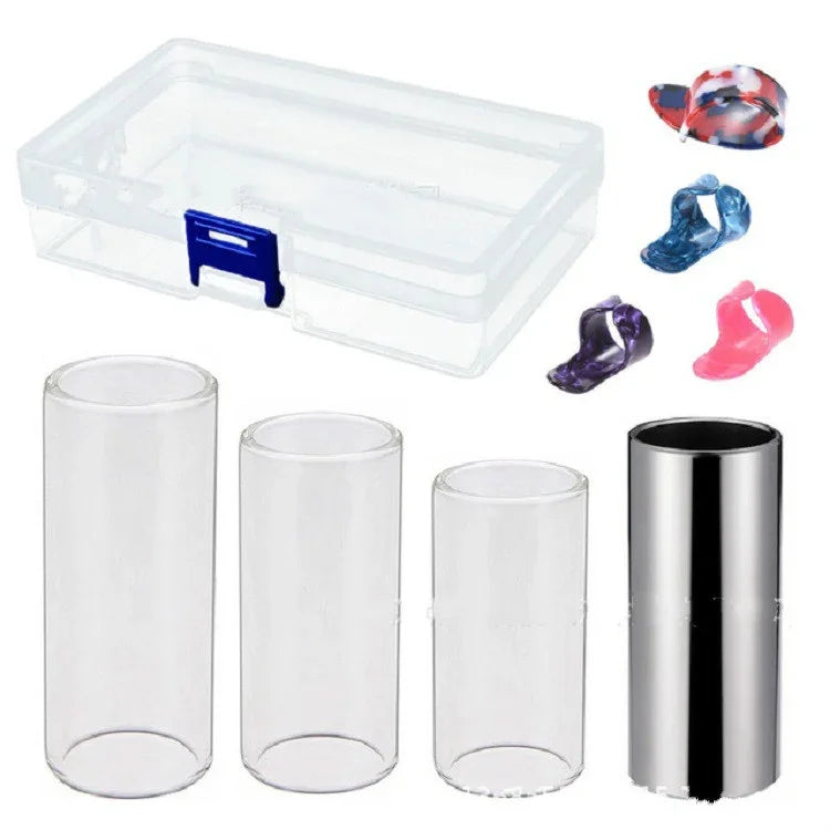 M02219 Coffret 4 en 1 : barre de glisse en plexiglas + barre de glisse en acier inoxydable + médiator en celluloïd + boîte en plastique, barre de glisse en plexiglas
