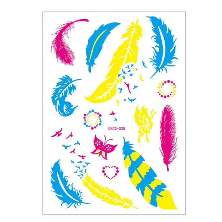 10 autocollants de tatouage de bras de fleur fluorescente autocollants de visage autocollants de tatouage de plume imperméables, DKCS010, DKCS017, DKCS019, DKCS022, DKCS025, DKCS028, DKCS032, DKCS033, DKCS034, DKCS036, DKCS037, DKCS042