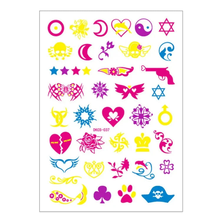 10 autocollants de tatouage de bras de fleur fluorescente autocollants de visage autocollants de tatouage de plume imperméables, DKCS010, DKCS017, DKCS019, DKCS022, DKCS025, DKCS028, DKCS032, DKCS033, DKCS034, DKCS036, DKCS037, DKCS042