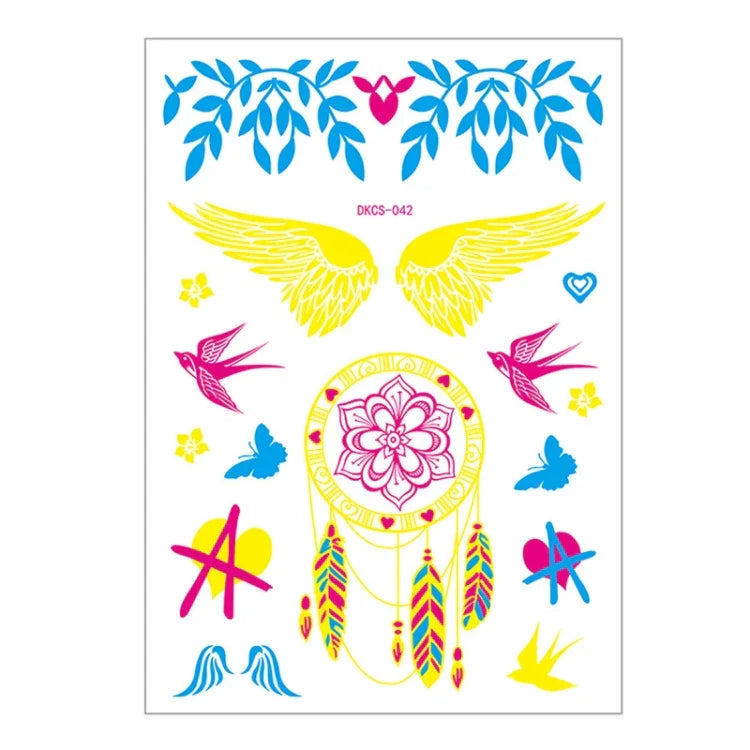 10 autocollants de tatouage de bras de fleur fluorescente autocollants de visage autocollants de tatouage de plume imperméables, DKCS010, DKCS017, DKCS019, DKCS022, DKCS025, DKCS028, DKCS032, DKCS033, DKCS034, DKCS036, DKCS037, DKCS042