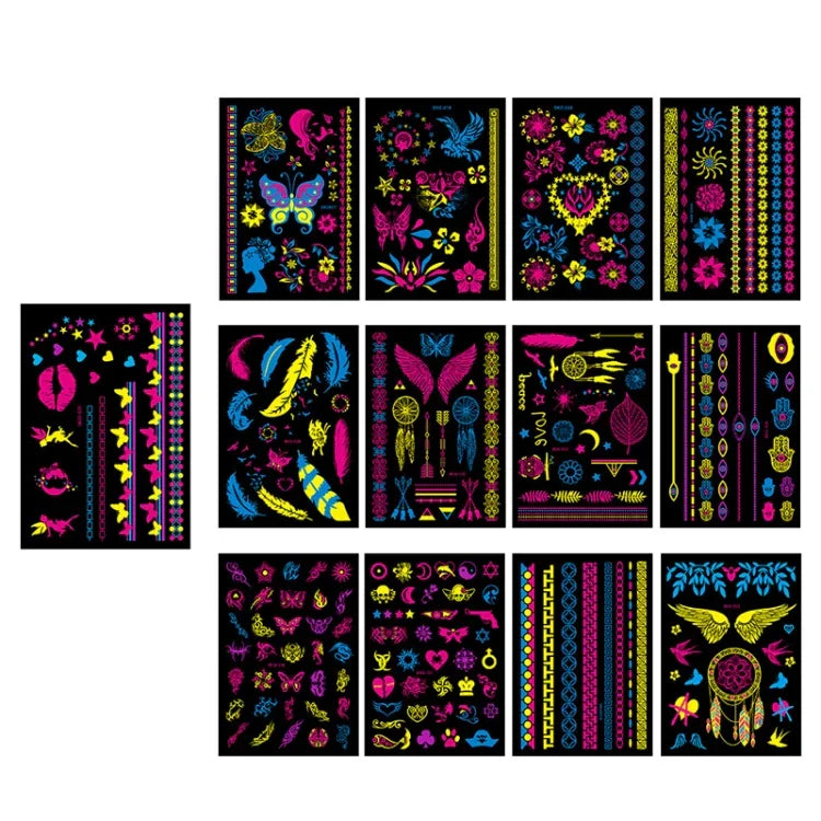 10 autocollants de tatouage de bras de fleur fluorescente autocollants de visage autocollants de tatouage de plume imperméables, DKCS010, DKCS017, DKCS019, DKCS022, DKCS025, DKCS028, DKCS032, DKCS033, DKCS034, DKCS036, DKCS037, DKCS042