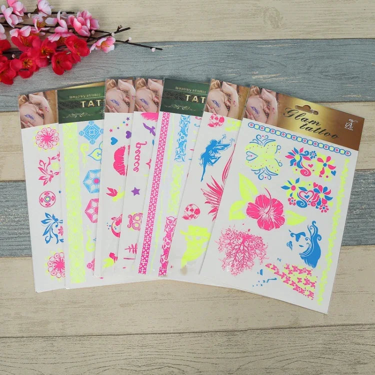10 autocollants de tatouage de bras de fleur fluorescente autocollants de visage autocollants de tatouage de plume imperméables, DKCS010, DKCS017, DKCS019, DKCS022, DKCS025, DKCS028, DKCS032, DKCS033, DKCS034, DKCS036, DKCS037, DKCS042