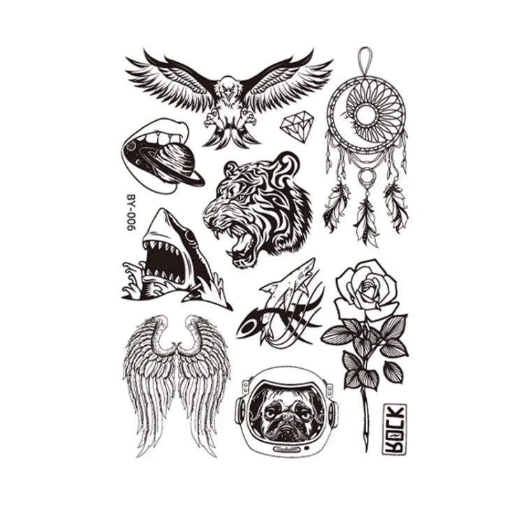 10 autocollants de tatouage éphémère pour adultes, motif animal ou fleur, fluorescent, phosphorescent, résistant à l'eau, couleurs changeantes, BY-001, BY-002, BY-003, BY-004, BY-005, BY-006, BY-007, BY-008
