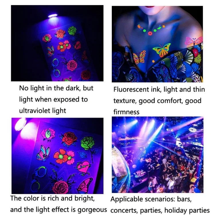10 autocollants de tatouage éphémère pour adultes, motif animal ou fleur, fluorescent, phosphorescent, résistant à l'eau, couleurs changeantes, BY-001, BY-002, BY-003, BY-004, BY-005, BY-006, BY-007, BY-008