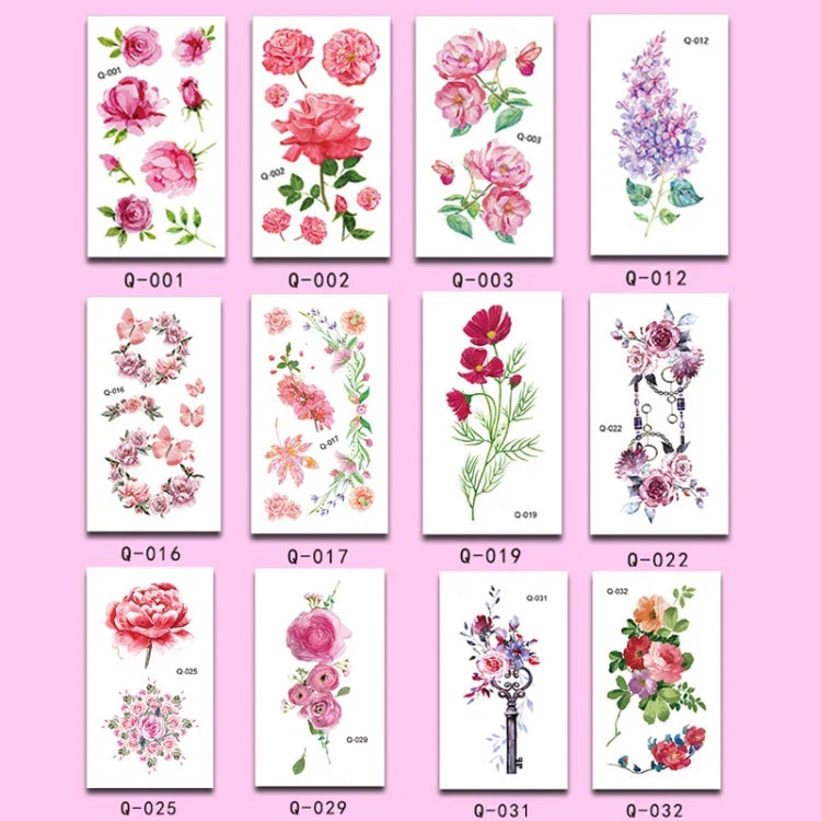50 autocollants de tatouage littéraires petites fleurs fraîches Rose imperméable et durable pour le bras, Q-001, Q-002, Q-003, Q-012, Q-016, Q-017, Q-019, Q-022, Q-025, Q-029, Q-031, Q-032
