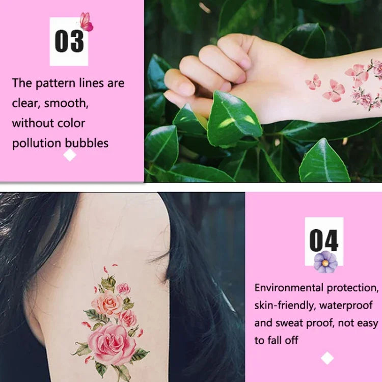 50 autocollants de tatouage littéraires petites fleurs fraîches Rose imperméable et durable pour le bras, Q-001, Q-002, Q-003, Q-012, Q-016, Q-017, Q-019, Q-022, Q-025, Q-029, Q-031, Q-032