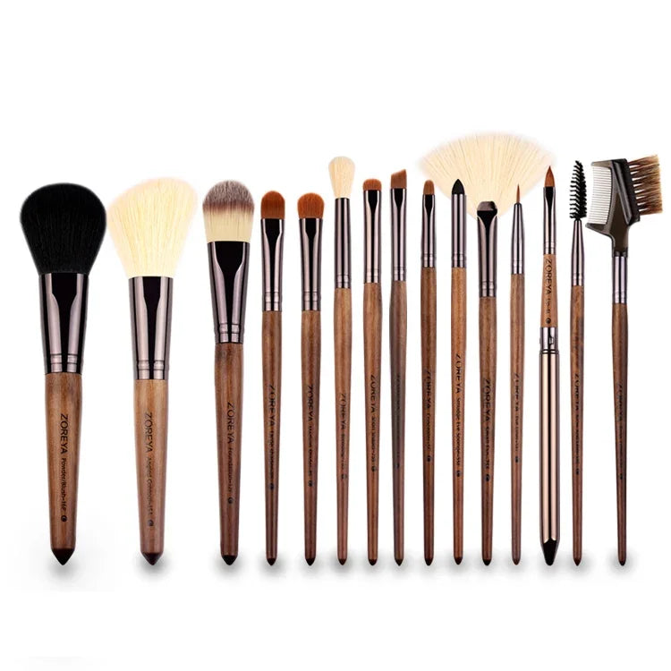 ZOREYA Ensemble de 15 pinceaux de maquillage en noyer noir, ensemble complet d'outils de beauté, pinceau à poudre en nylon, pinceau de maquillage