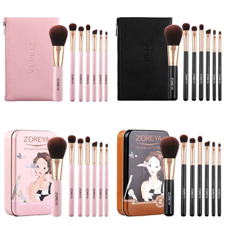 ZOREYA ZS744 Lot de 7 pinceaux de maquillage Outils de beauté Pinceau, Rose + Pochette, Noir + Pochette, Rose + Boîte en fer, Noir + Boîte en fer