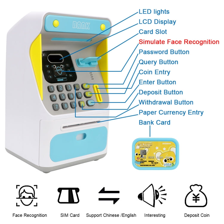 8010 Tirelire Distributeur Automatique de Billets avec Reconnaissance Faciale Simulée et Mot de Passe, Tirelire Automatique à Roulement d'Argent,Style:, Rose, Bleu, Version Rechargeable Rose, Version Rechargeable Bleue