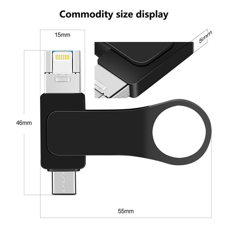 Clé USB en métal 3-en-1 pour ordinateur mobile USB 3.0 + 8 broches + USB-C / Type-C, 8 Go, 16 Go, 32 Go, 64 Go