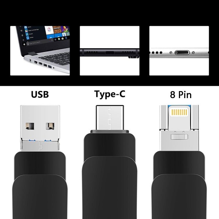 Clé USB en métal 3-en-1 pour ordinateur mobile USB 3.0 + 8 broches + USB-C / Type-C, 8 Go, 16 Go, 32 Go, 64 Go