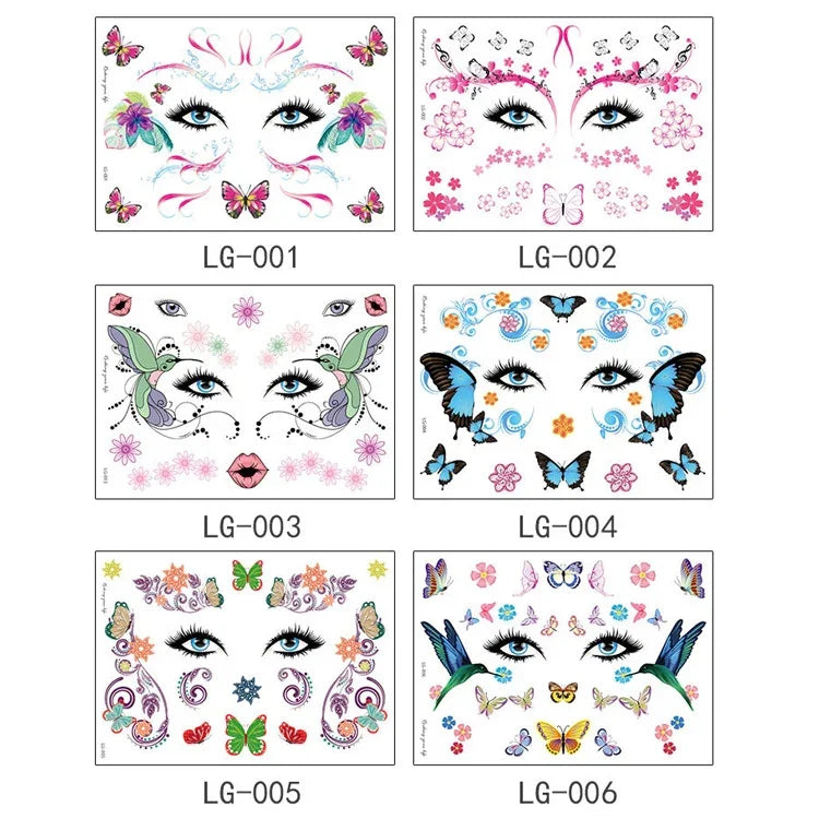 10 autocollants de tatouage pailletés étanches pour festival de musique, LG-001, LG-002, LG-003, LG-004, LG-005, LG-006