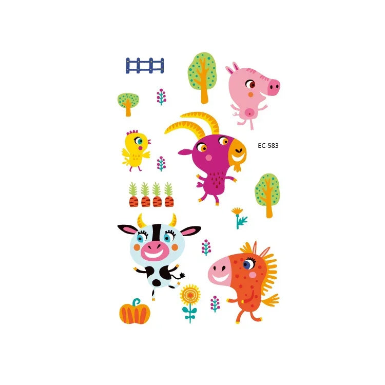 20 PCS Autocollants de tatouage animaux de dessin animé mignons imperméables et anti-transpiration pour enfants, EC-581, EC-582, EC-583, EC-584, EC-585, EC-590, EC-531, EC-591, EC-592, EC-593, EC-594, EC-614, EC-615, EC-617, EC-618
