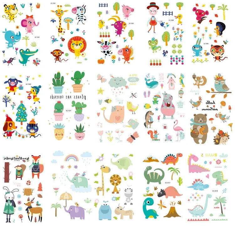 20 PCS Autocollants de tatouage animaux de dessin animé mignons imperméables et anti-transpiration pour enfants, EC-581, EC-582, EC-583, EC-584, EC-585, EC-590, EC-531, EC-591, EC-592, EC-593, EC-594, EC-614, EC-615, EC-617, EC-618