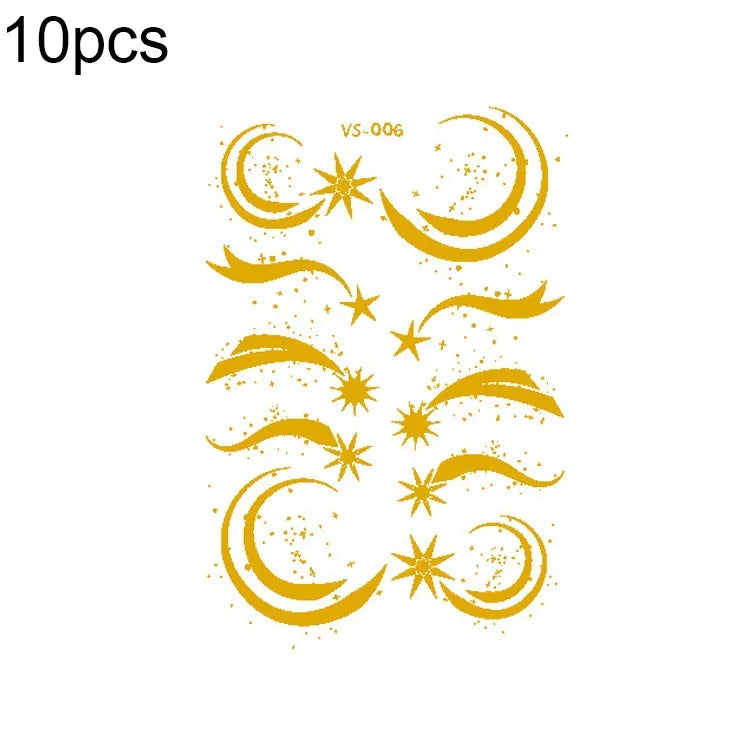 10 Pcs Autocollant de tatouage facial étanche pour festival de musique, estampage à chaud, VS-001, VS-002, VS-003, VS-004, VS-005, VS-006, VS-007, VS-008, VS-009, VS-010