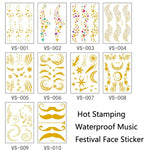 10 Pcs Autocollant de tatouage facial étanche pour festival de musique, estampage à chaud, VS-001, VS-002, VS-003, VS-004, VS-005, VS-006, VS-007, VS-008, VS-009, VS-010