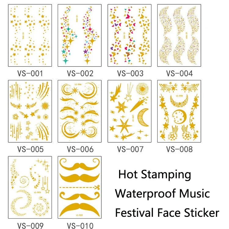 10 Pcs Autocollant de tatouage facial étanche pour festival de musique, estampage à chaud, VS-001, VS-002, VS-003, VS-004, VS-005, VS-006, VS-007, VS-008, VS-009, VS-010