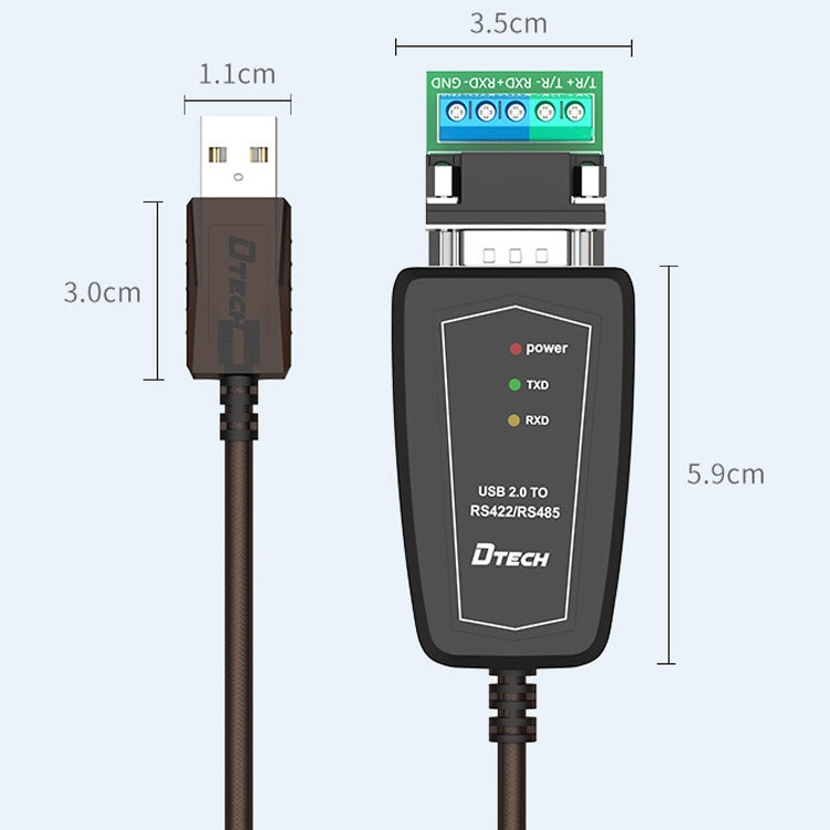 Câble de conversion USB vers RS485 / RS422 DTECH DT-5019, puce FT232, longueur : 0,5 m, 1,5 m