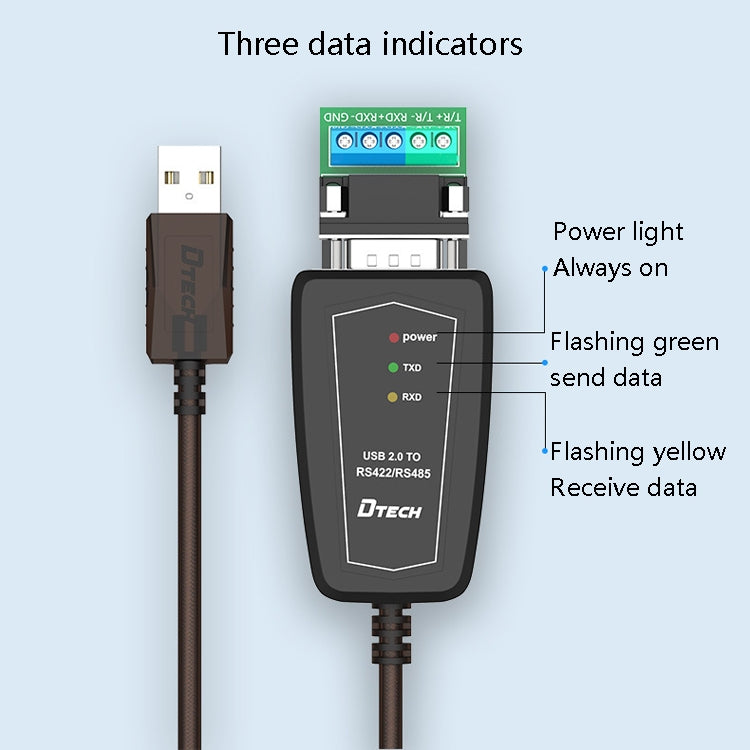 Câble de conversion USB vers RS485 / RS422 DTECH DT-5019, puce FT232, longueur : 0,5 m, 1,5 m