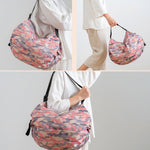 Sac de courses pliable à bandoulière portable, Bleu marine, Rose vif, Léopard noir, Motif losanges, Motif grandes fleurs