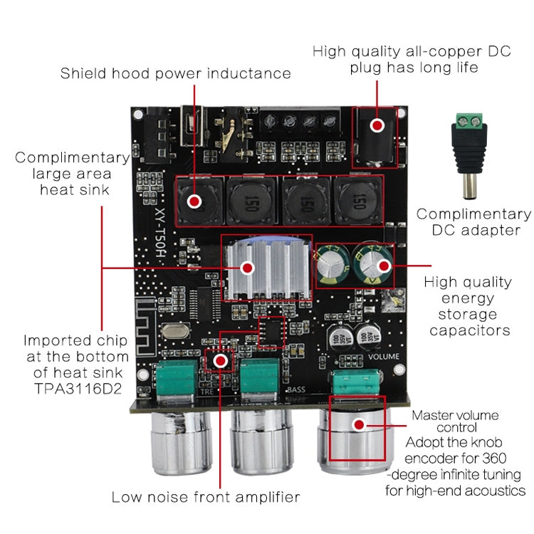 XINYI Sini T50H Bluetooth 5.0 Avec Réglage de Niveau Haut Pré-Étape Module Stéréo Numérique d'Alimentation, Sini T50H