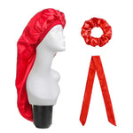 Lot de 3 pièces pour soin capillaire : bonnet long + turban + chouchou, rouge, bleu, violet, noir, blanc, orange, rose vif, argent, champagne, bleu lac