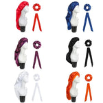Lot de 3 pièces pour soin capillaire : bonnet long + turban + chouchou, rouge, bleu, violet, noir, blanc, orange, rose vif, argent, champagne, bleu lac