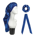 Lot de 3 pièces pour soin capillaire : bonnet long + turban + chouchou, rouge, bleu, violet, noir, blanc, orange, rose vif, argent, champagne, bleu lac