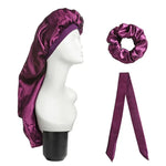 Lot de 3 pièces pour soin capillaire : bonnet long + turban + chouchou, rouge, bleu, violet, noir, blanc, orange, rose vif, argent, champagne, bleu lac