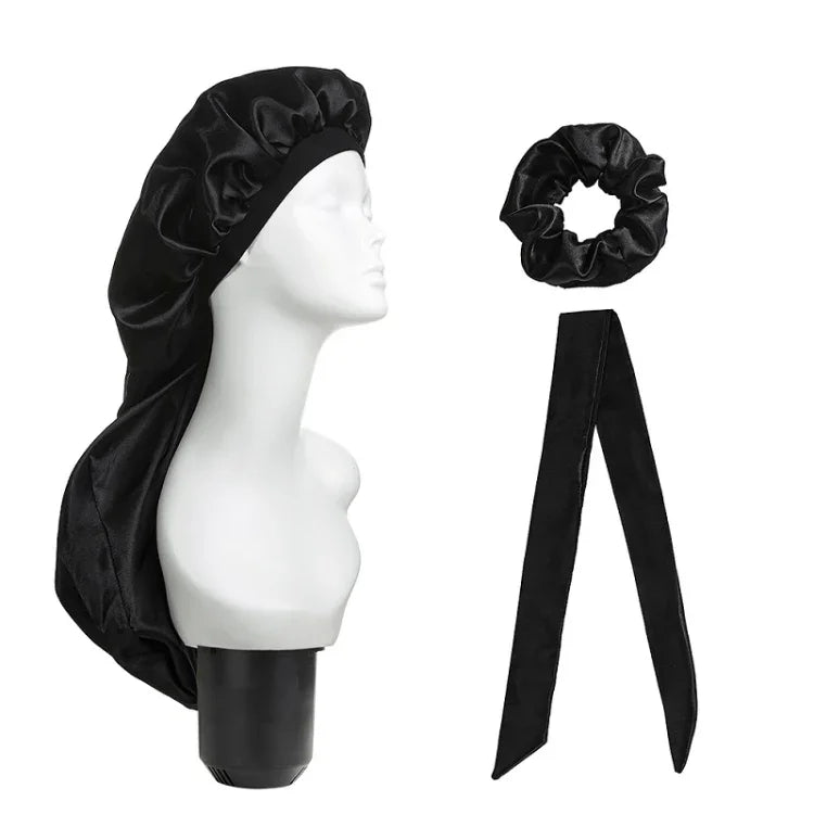 Lot de 3 pièces pour soin capillaire : bonnet long + turban + chouchou, rouge, bleu, violet, noir, blanc, orange, rose vif, argent, champagne, bleu lac