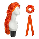 Lot de 3 pièces pour soin capillaire : bonnet long + turban + chouchou, rouge, bleu, violet, noir, blanc, orange, rose vif, argent, champagne, bleu lac