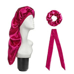 Lot de 3 pièces pour soin capillaire : bonnet long + turban + chouchou, rouge, bleu, violet, noir, blanc, orange, rose vif, argent, champagne, bleu lac