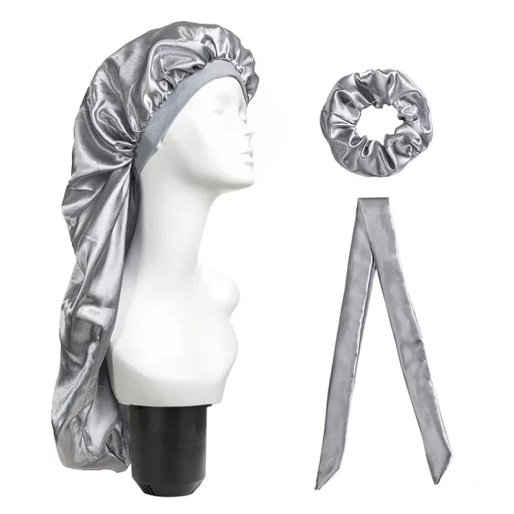 Lot de 3 pièces pour soin capillaire : bonnet long + turban + chouchou, rouge, bleu, violet, noir, blanc, orange, rose vif, argent, champagne, bleu lac