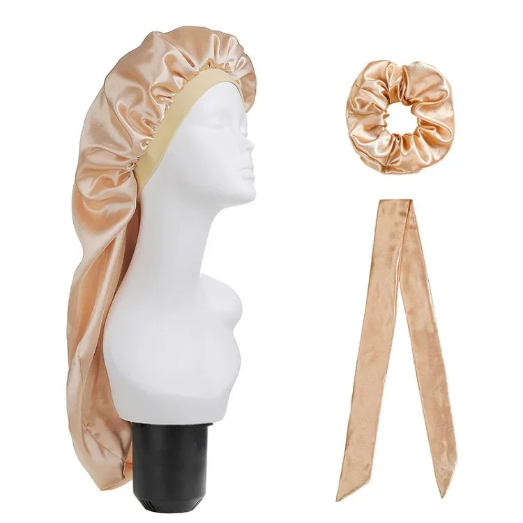 Lot de 3 pièces pour soin capillaire : bonnet long + turban + chouchou, rouge, bleu, violet, noir, blanc, orange, rose vif, argent, champagne, bleu lac