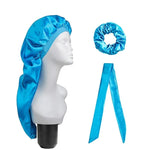 Lot de 3 pièces pour soin capillaire : bonnet long + turban + chouchou, rouge, bleu, violet, noir, blanc, orange, rose vif, argent, champagne, bleu lac