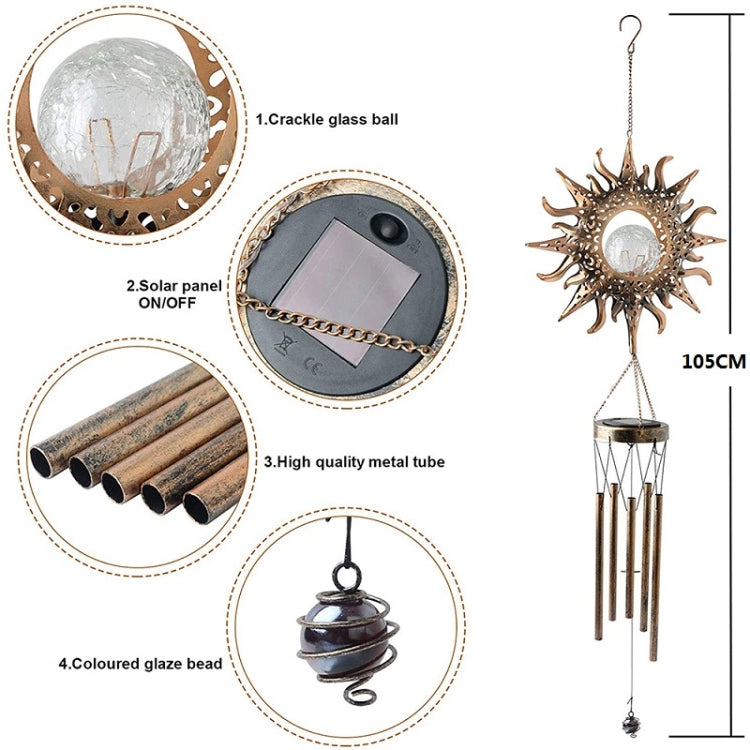 Carillon éolien solaire suspendu en fer avec lampes, Soleil, Lune