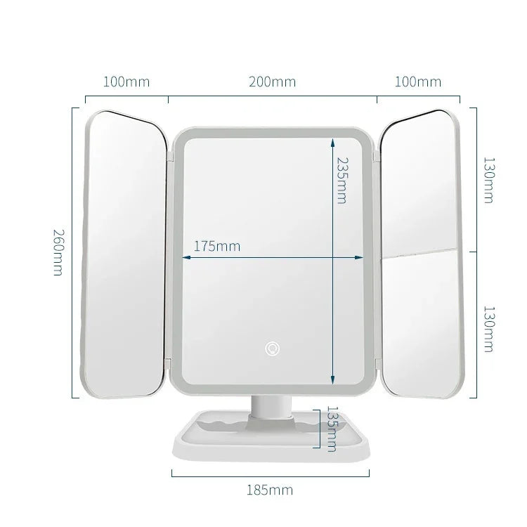 430 Lampe de table miroir de maquillage pliable à trois côtés avec LED, style enfichable, style de chargement, style de chargement à lumière tricolore