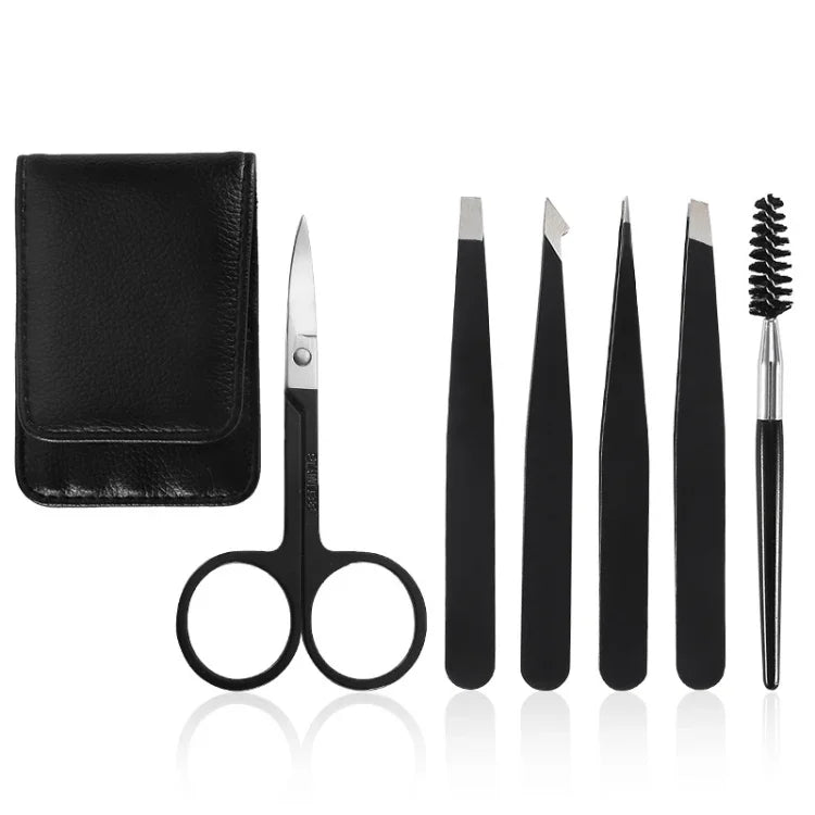 Kit de toilettage pour sourcils en acier inoxydable 6-en-1, noir, coloré