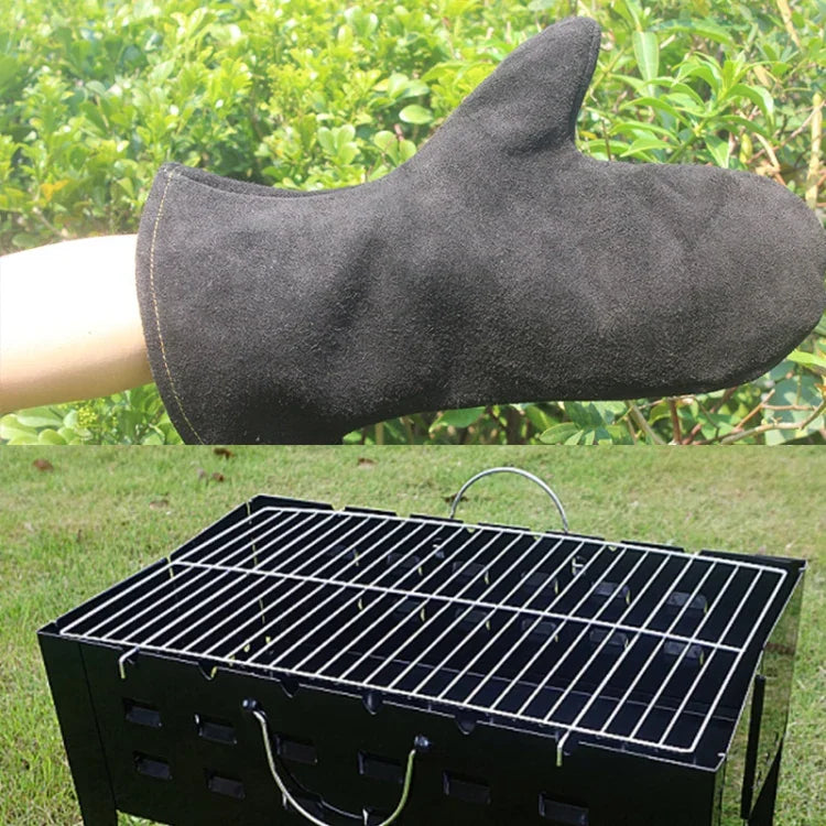 1 paire de gants isolants en cuir véritable pour barbecue d'extérieur, KX139