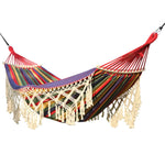 Hamac de camping double extérieur 200x150cm en toile à glands avec bâton, rayures colorées, rayures roses, blanc
