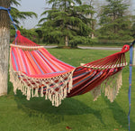 Hamac de camping double extérieur 200x150cm en toile à glands avec bâton, rayures colorées, rayures roses, blanc
