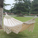 Hamac de camping double extérieur 200x150cm en toile à glands avec bâton, rayures colorées, rayures roses, blanc