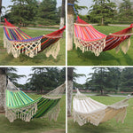 Hamac de camping double extérieur 200x150cm en toile à glands avec bâton, rayures colorées, rayures roses, blanc