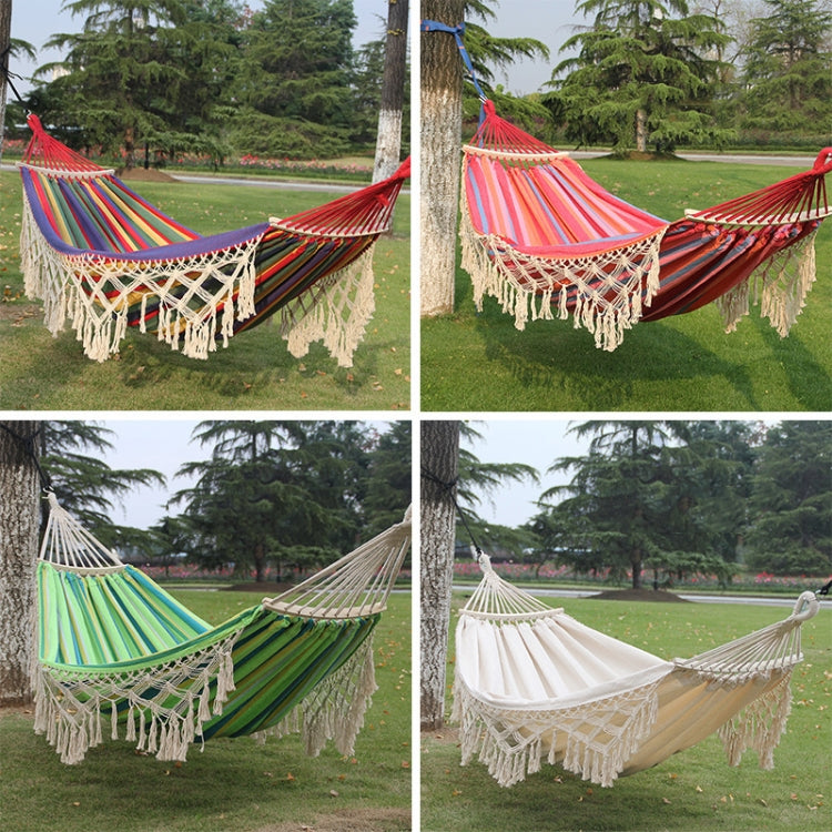 Hamac de camping double extérieur 200x150cm en toile à glands avec bâton, rayures colorées, rayures roses, blanc