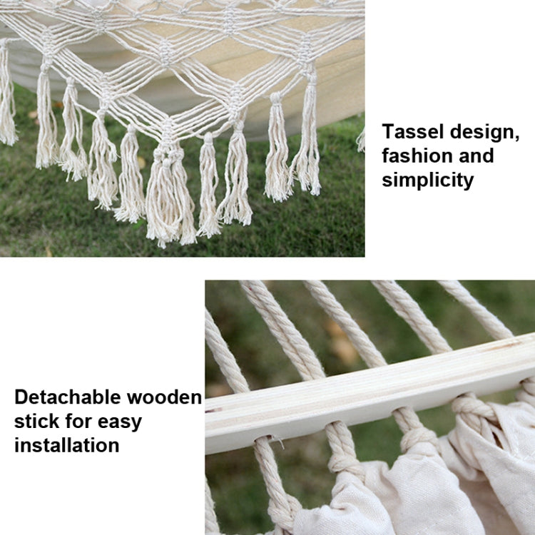 Hamac de camping double extérieur 200x150cm en toile à glands avec bâton, rayures colorées, rayures roses, blanc