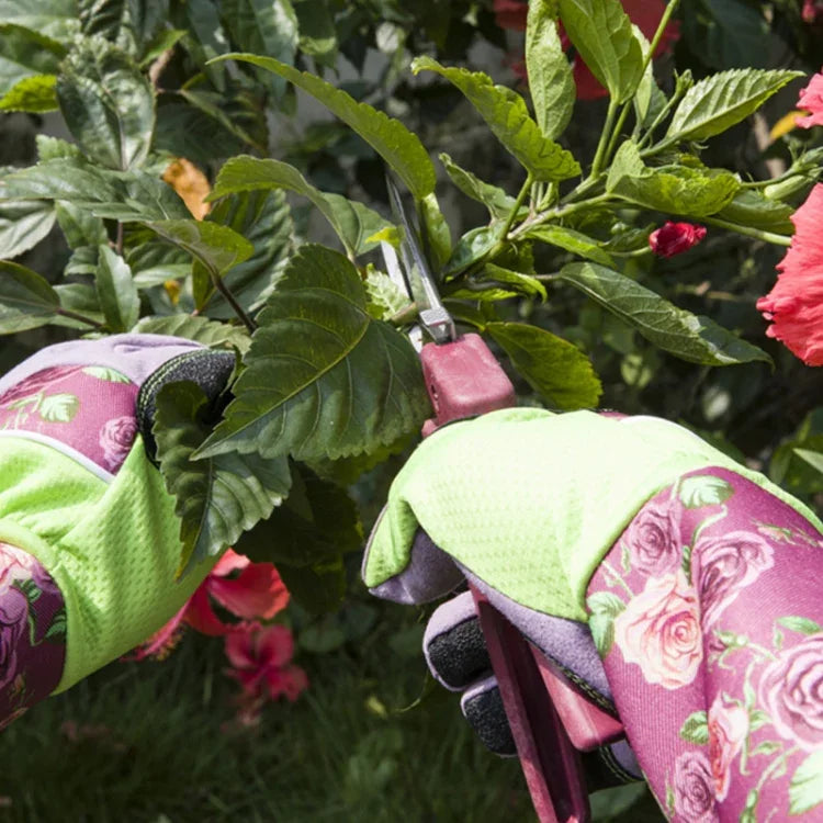 Gants de jardinage anti-crevaison avec manches prolongées, verts, roses