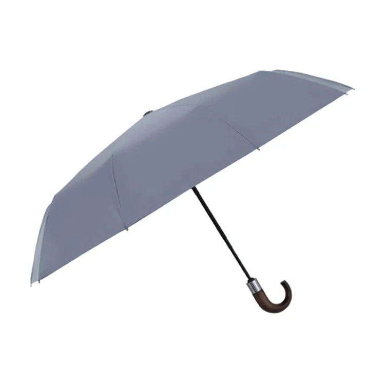 PARACHASE Parapluie automatique pliant à trois volets avec poignée en bois massif courbé et 10 baleines, Gris, Noir, Marine